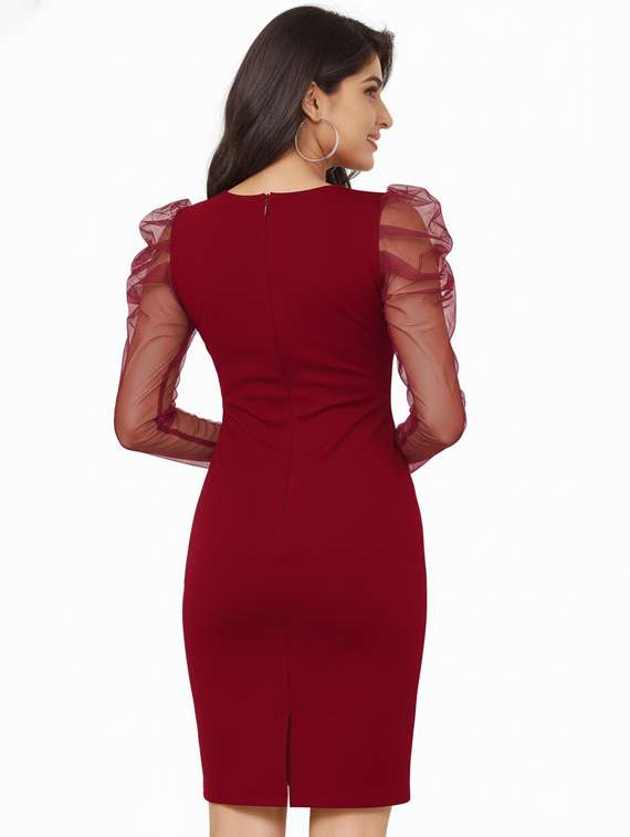 women solid puff sleeve bodycon dress - 22254461 -  Standard Image - 3