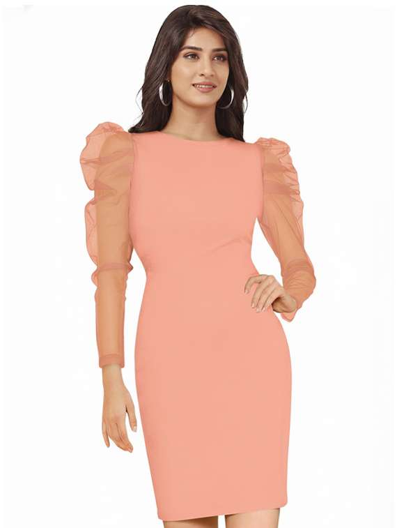 women solid puff sleeve bodycon dress