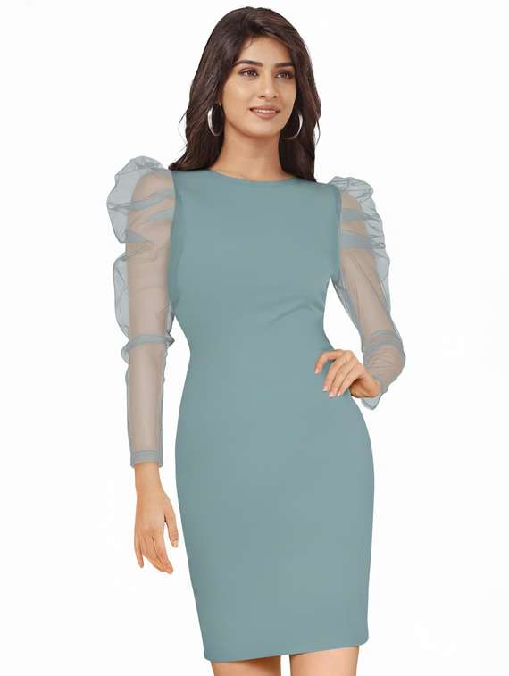women solid puff sleeve bodycon dress
