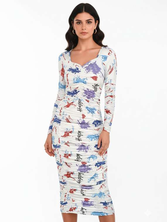 women printed puff sleeve bodycon dress