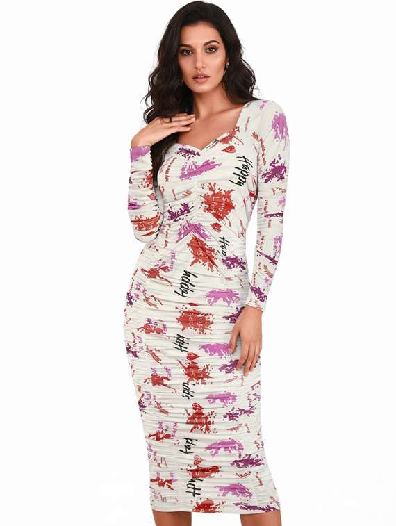 women printed puff sleeve bodycon dress