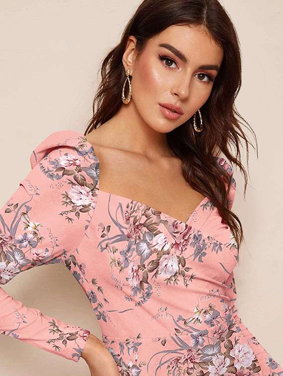 women floral print puff sleeve bodycon dress - 22254474 -  Standard Image - 3
