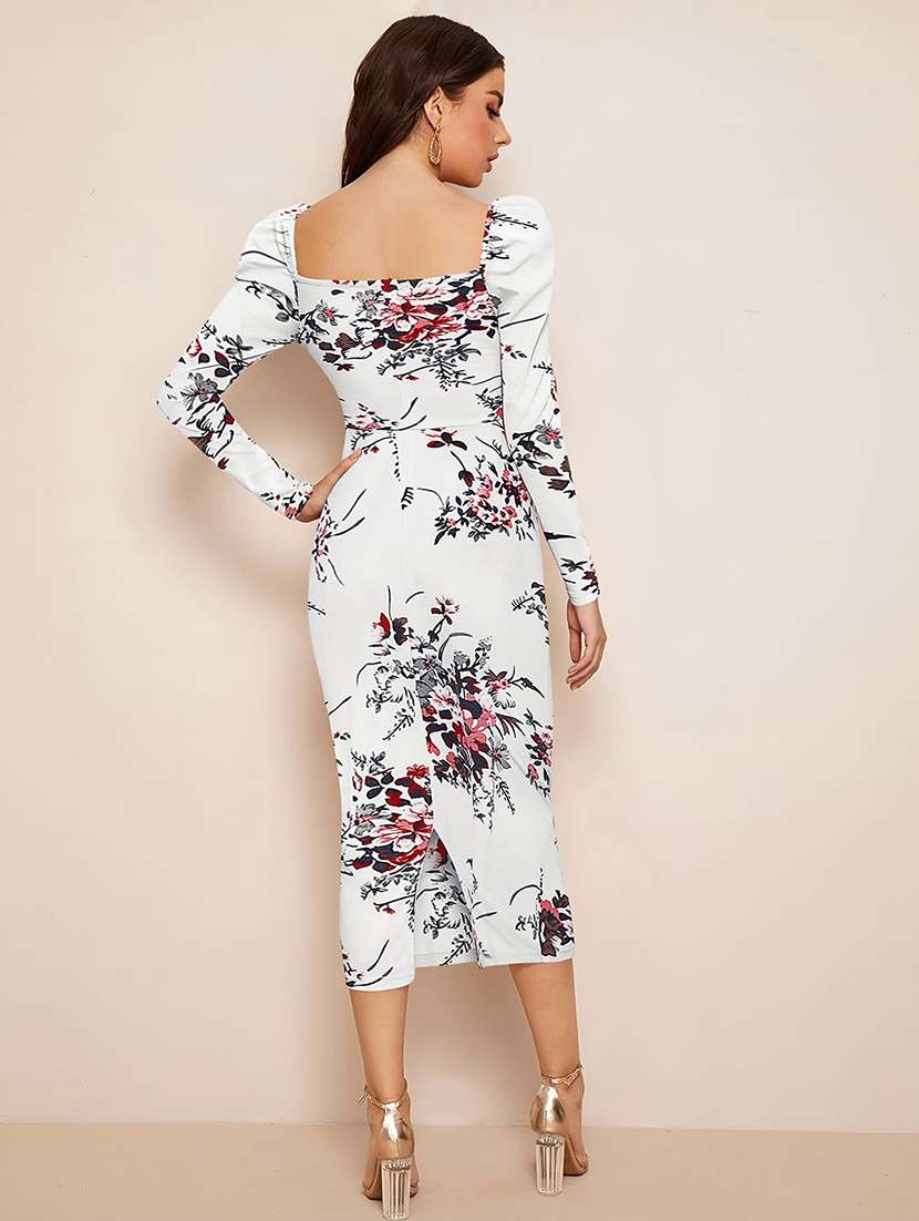 women floral print puff sleeve bodycon dress - 22254475 -  Standard Image - 3