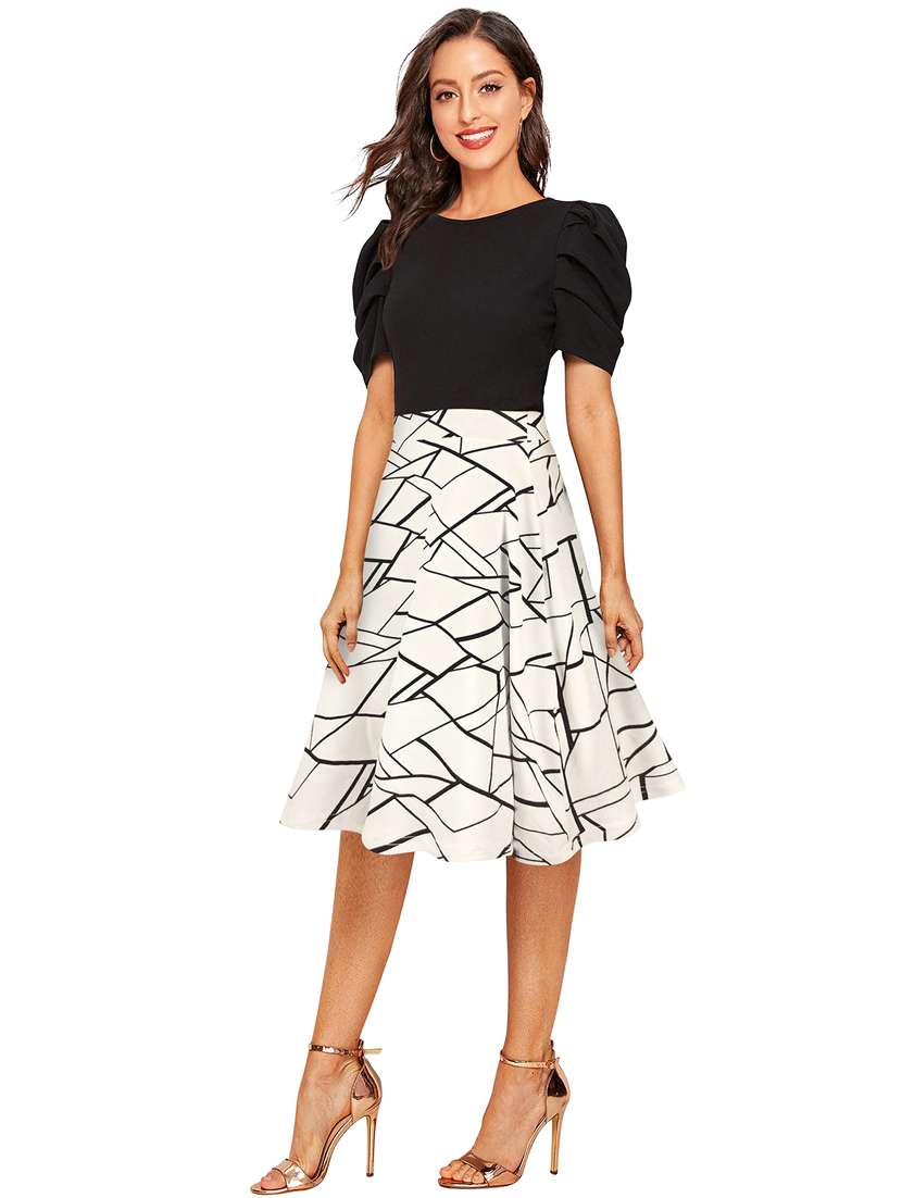 women printed puff sleeve fit & flare dress