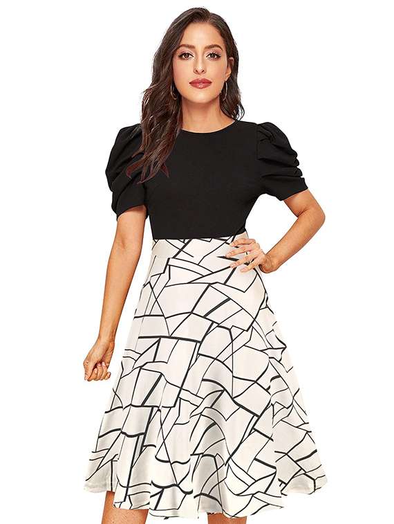women printed puff sleeve fit & flare dress - 22254476 -  Standard Image - 3