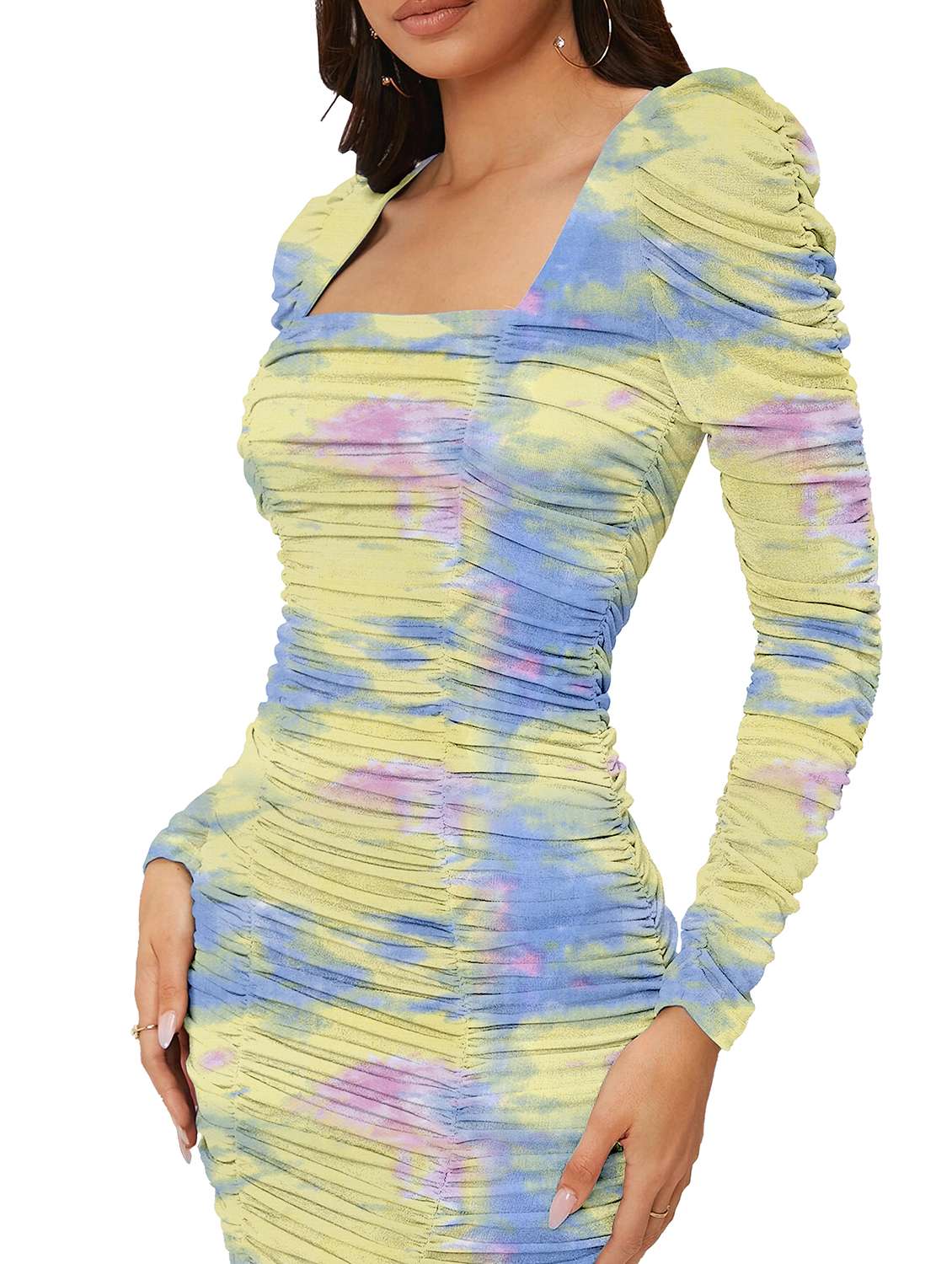 women printed puff sleeve ruched bodycon dress - 22254477 -  Standard Image - 3