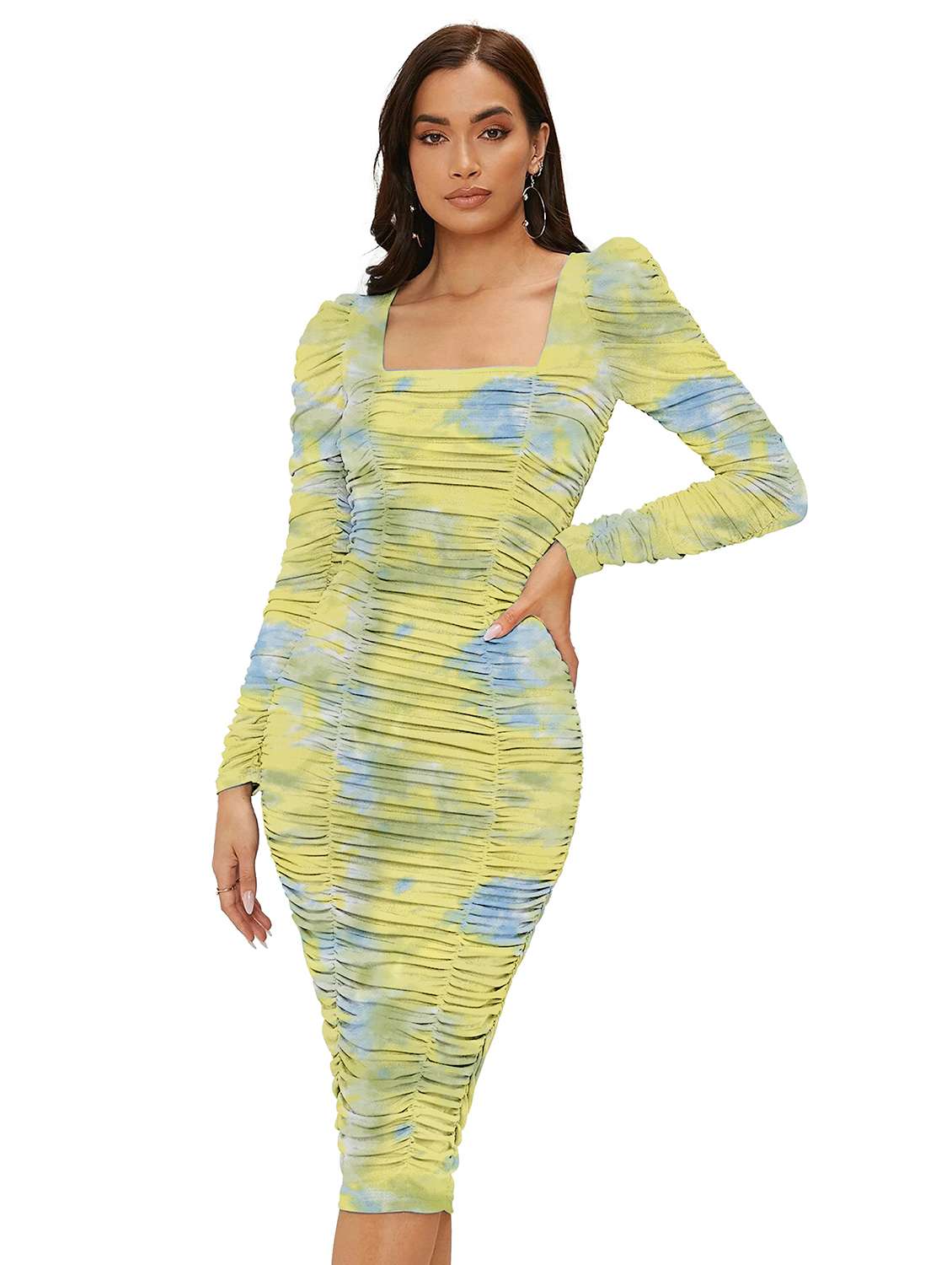 women printed puff sleeve ruched bodycon dress - 22254478 -  Zoom Image - 0