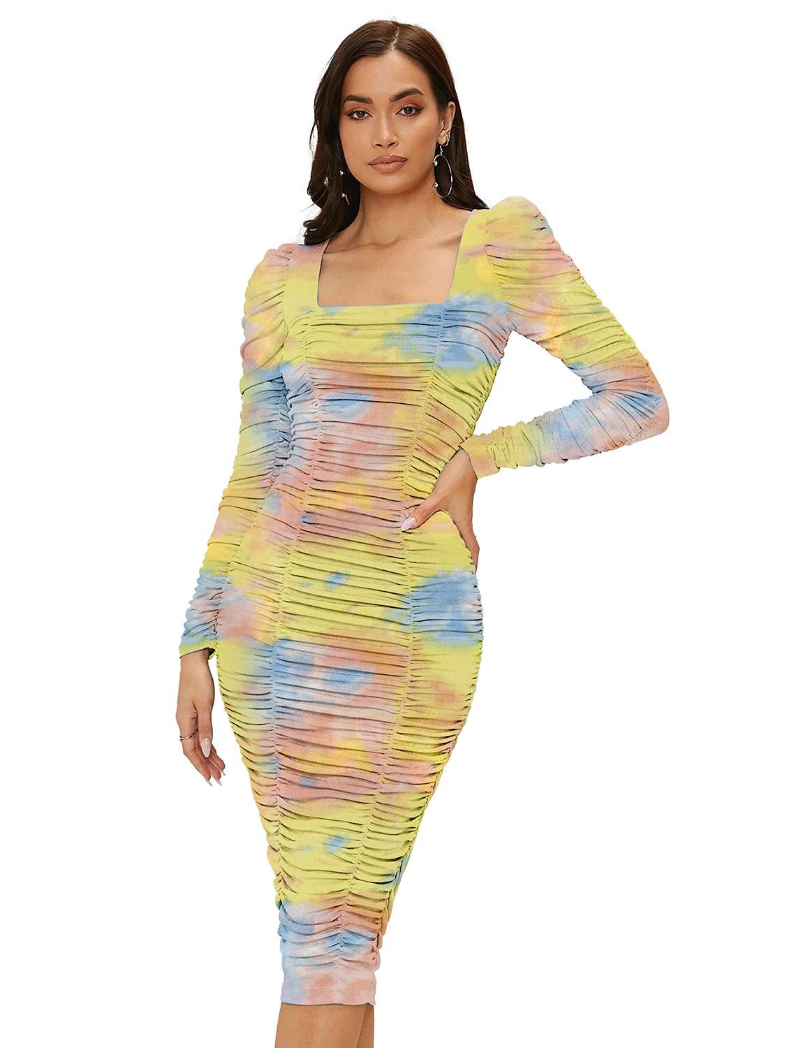 women printed puff sleeve ruched bodycon dress - 22254479 -  Zoom Image - 0