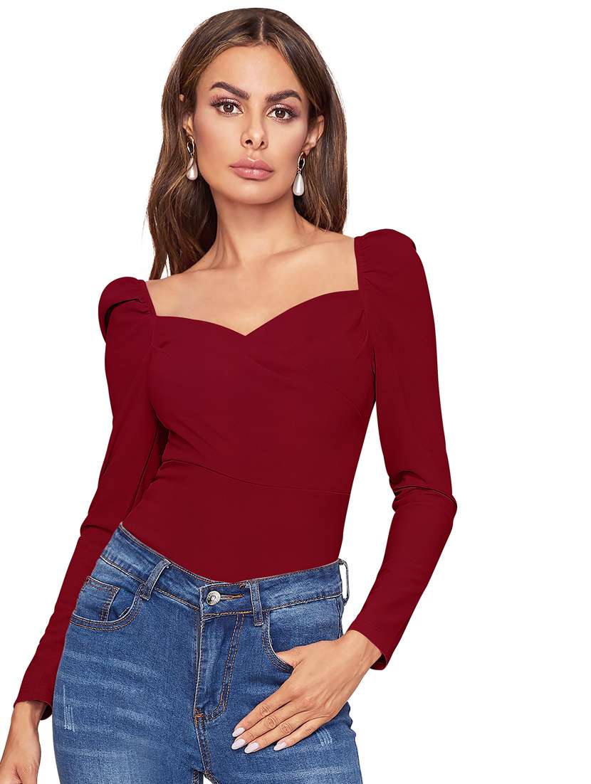 women solid puff sleeve straight top