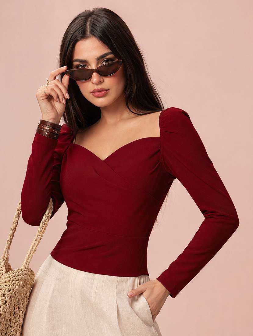 women solid puff sleeve straight top
