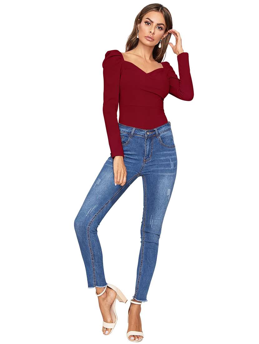 women solid puff sleeve straight top - 22254481 -  Standard Image - 3