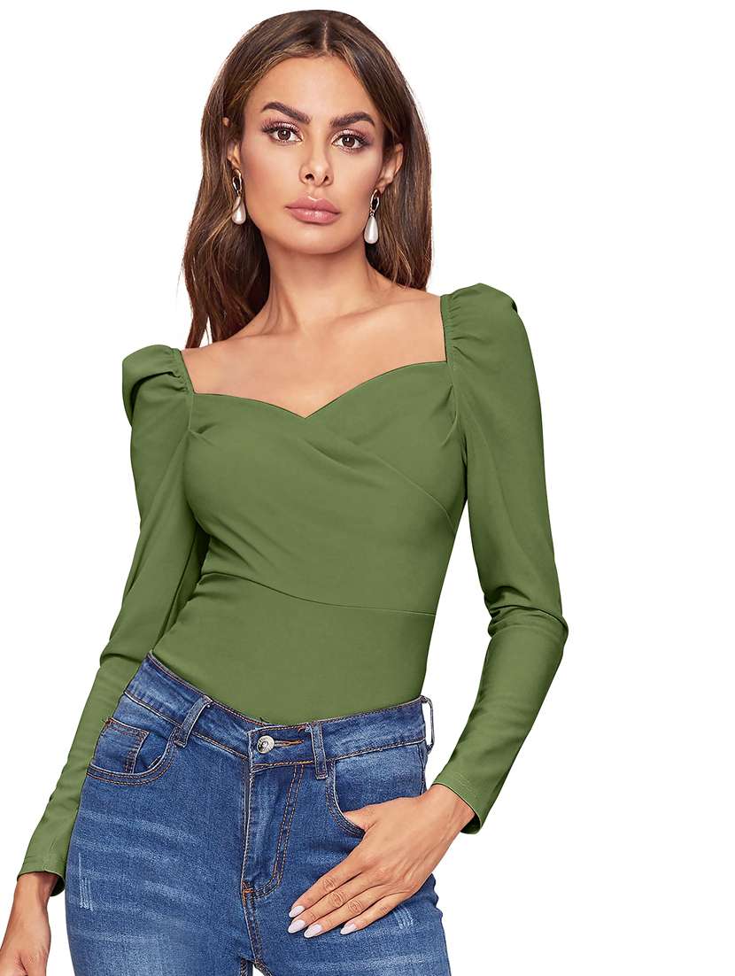 women solid puff sleeve straight top