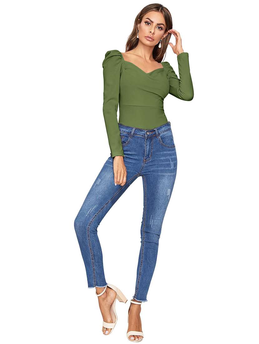 women solid puff sleeve straight top - 22254482 -  Standard Image - 3