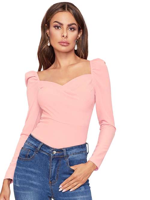 women solid puff sleeve straight top - 22254483 -  Standard Image - 0