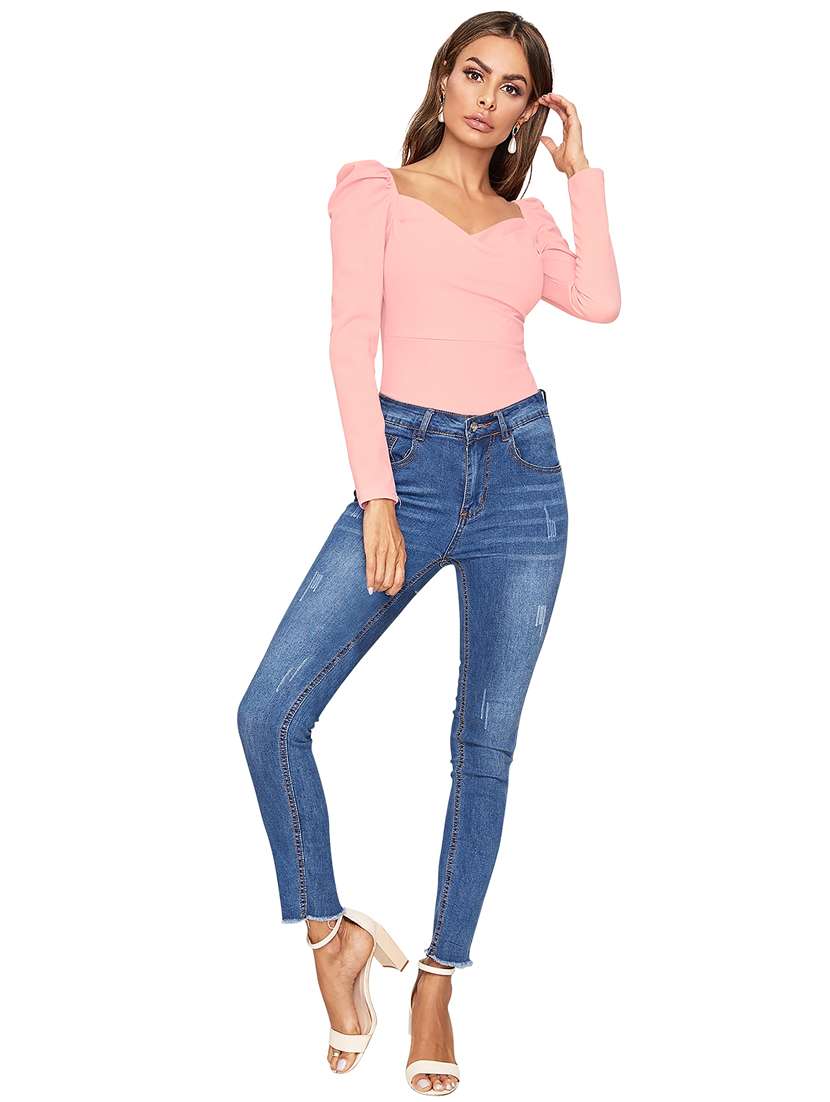 women solid puff sleeve straight top - 22254483 -  Standard Image - 3