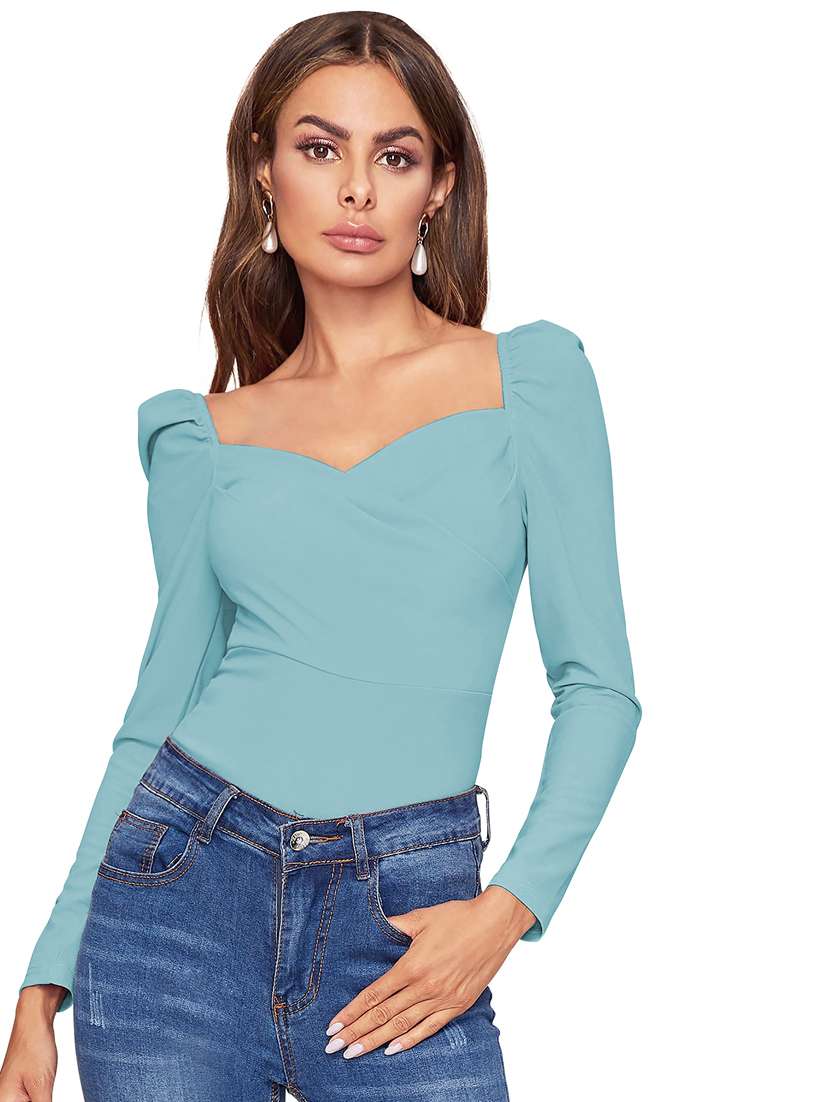 women solid puff sleeve straight top