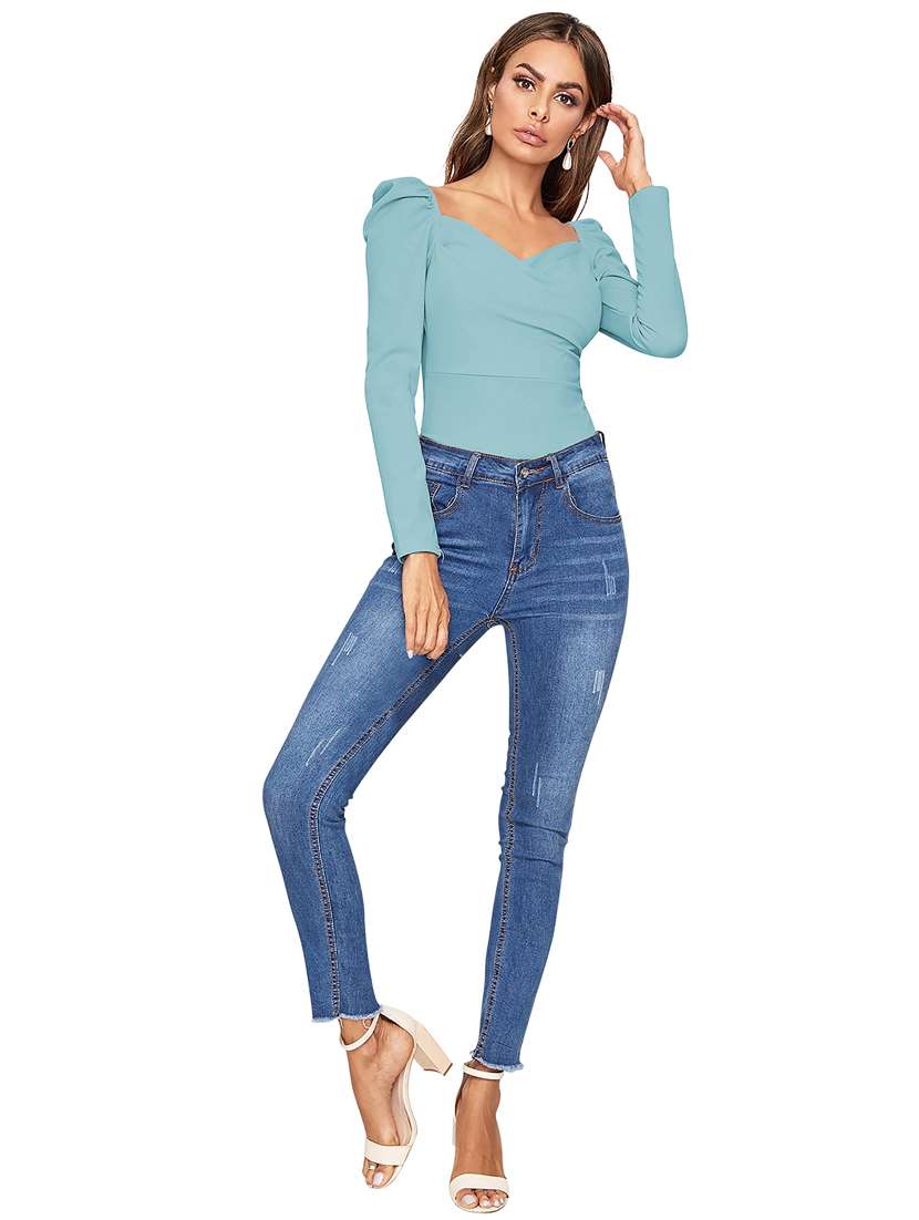 women solid puff sleeve straight top - 22254484 -  Standard Image - 3