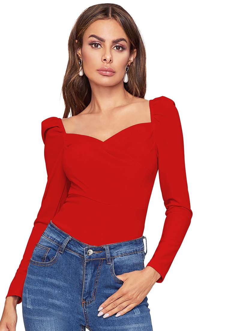 women solid puff sleeve straight top