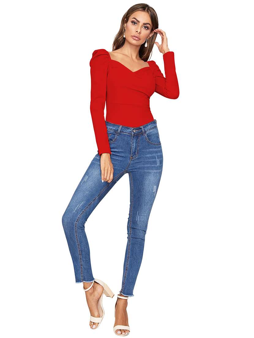 women solid puff sleeve straight top - 22254485 -  Standard Image - 3