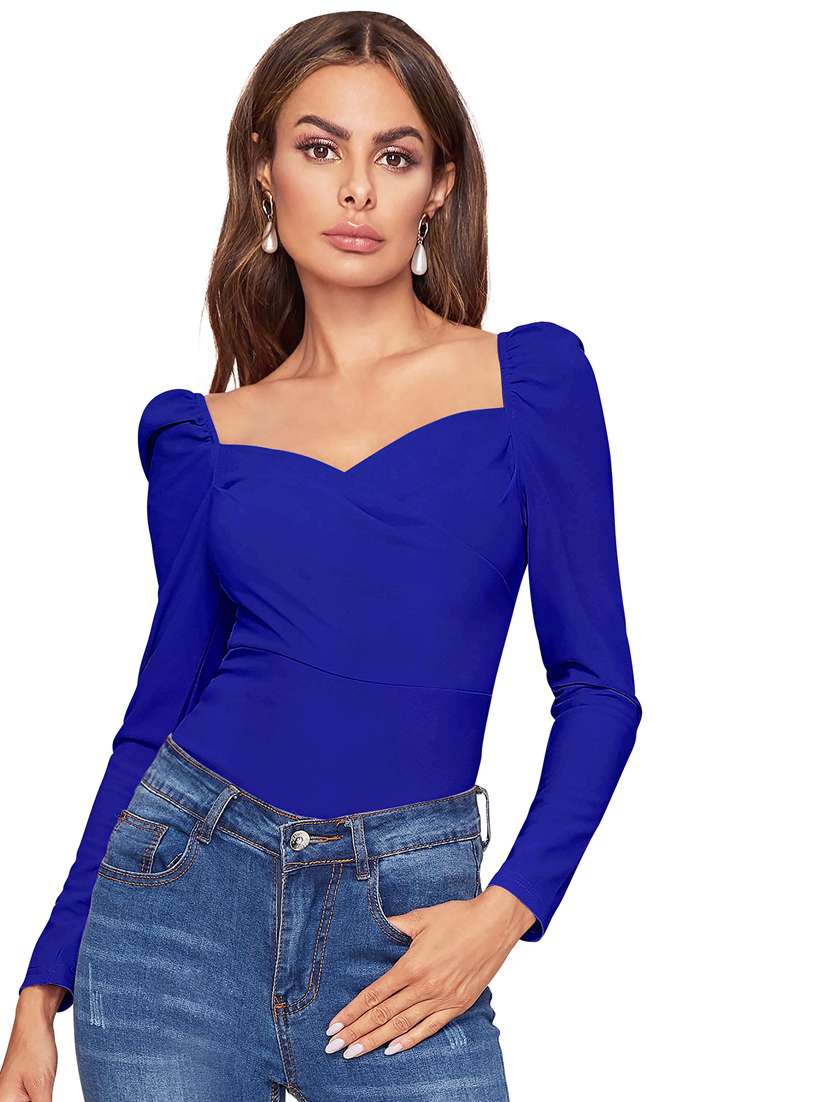 women solid puff sleeve straight top