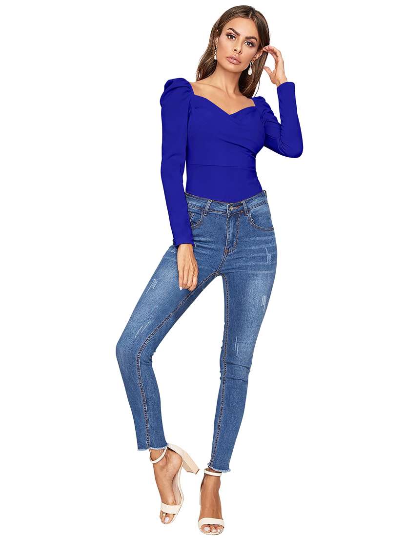 women solid puff sleeve straight top - 22254486 -  Standard Image - 3