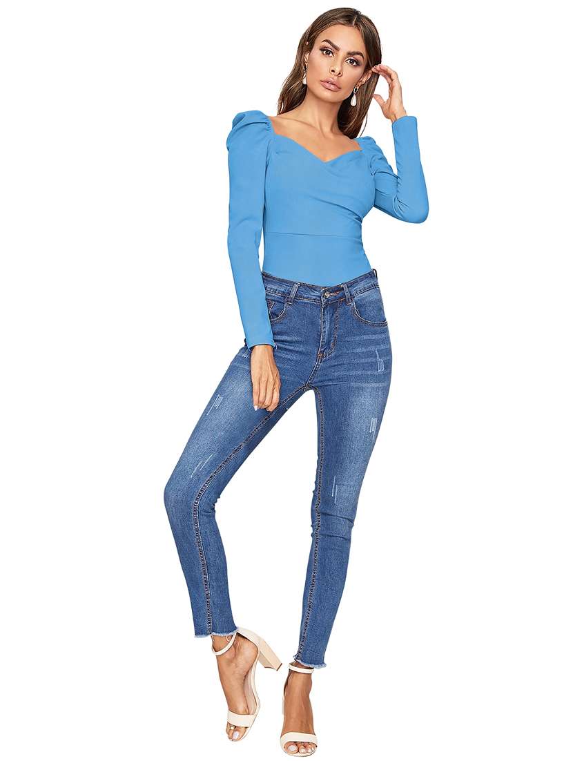 women solid puff sleeve straight top - 22254487 -  Standard Image - 3