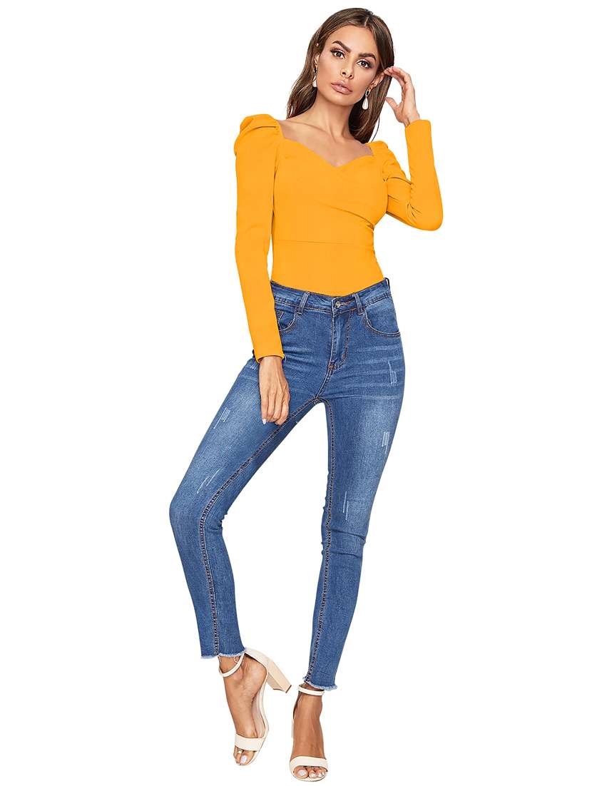 women solid puff sleeve straight top - 22254489 -  Standard Image - 3