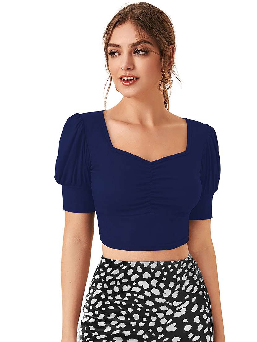 women solid puff sleeve crop top