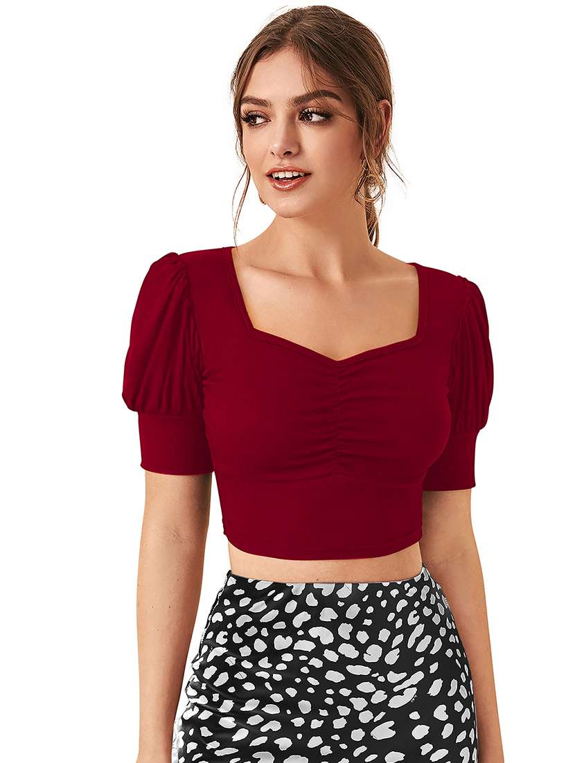 women solid puff sleeve crop top