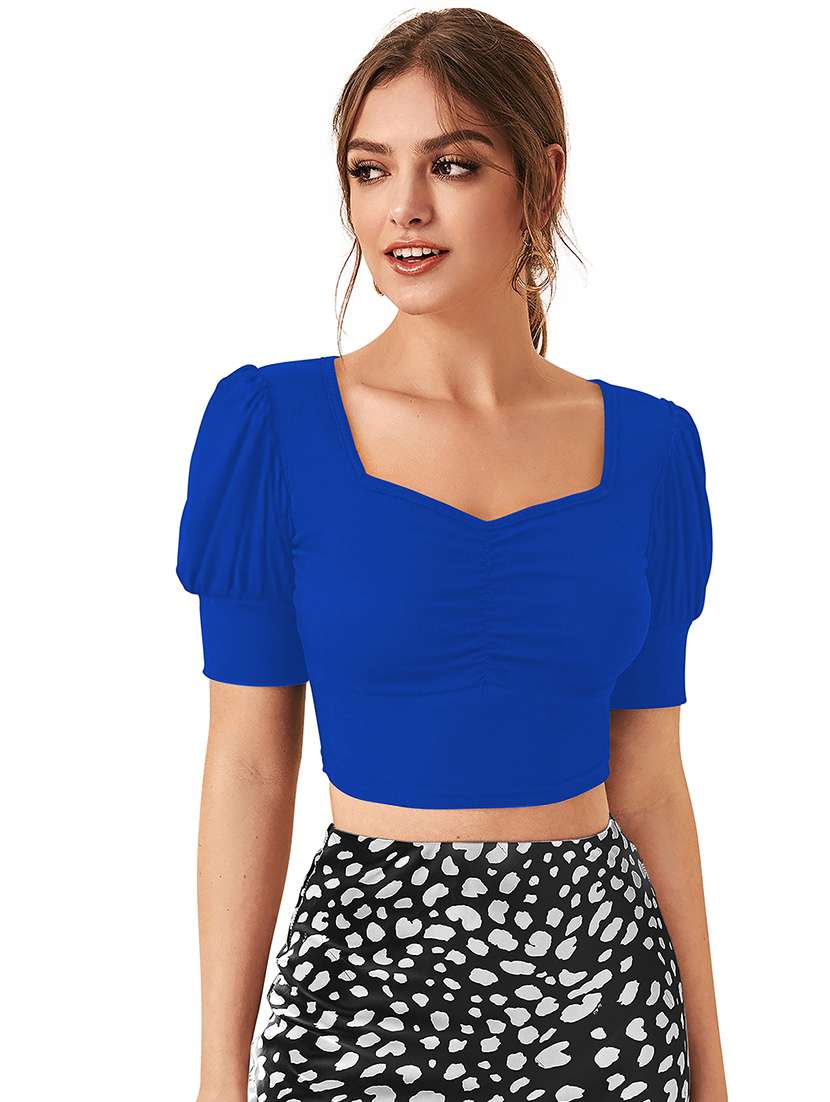 women solid puff sleeve crop top