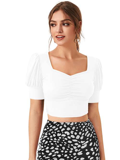 women solid puff sleeve crop top - 22254505 -  Standard Image - 0