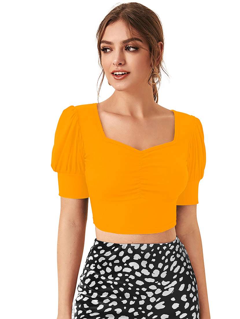 women solid puff sleeve crop top