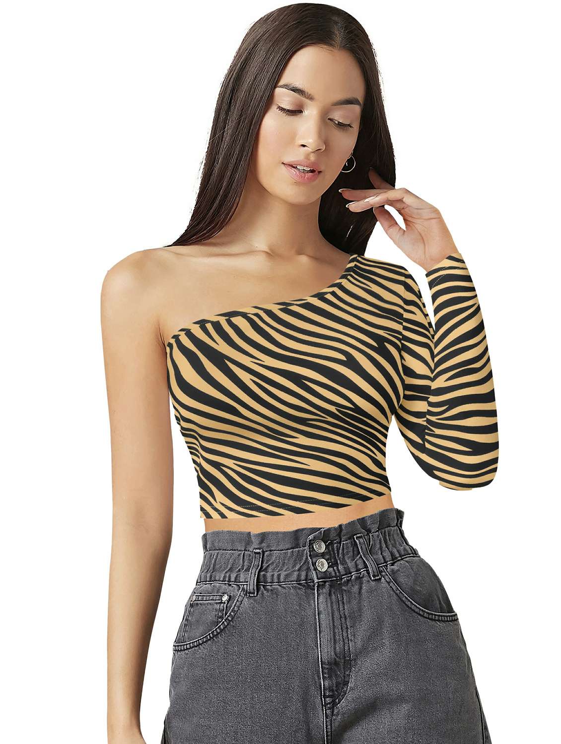 women animal print single shoulder crop top