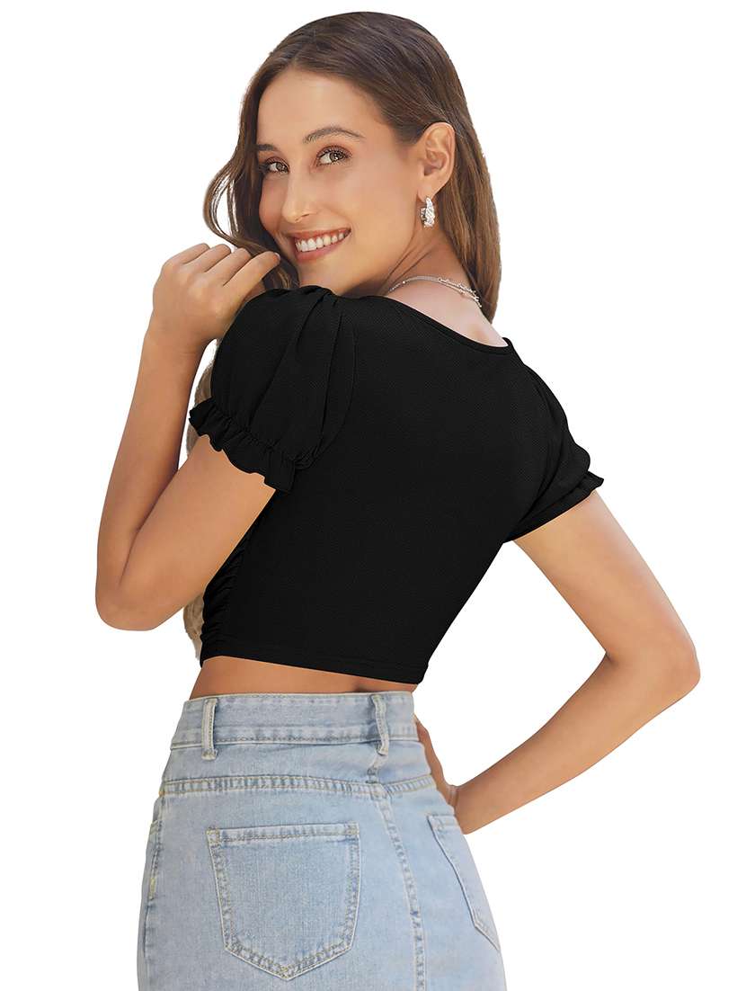 women solid puff sleeve ruched crop top - 22254510 -  Standard Image - 3