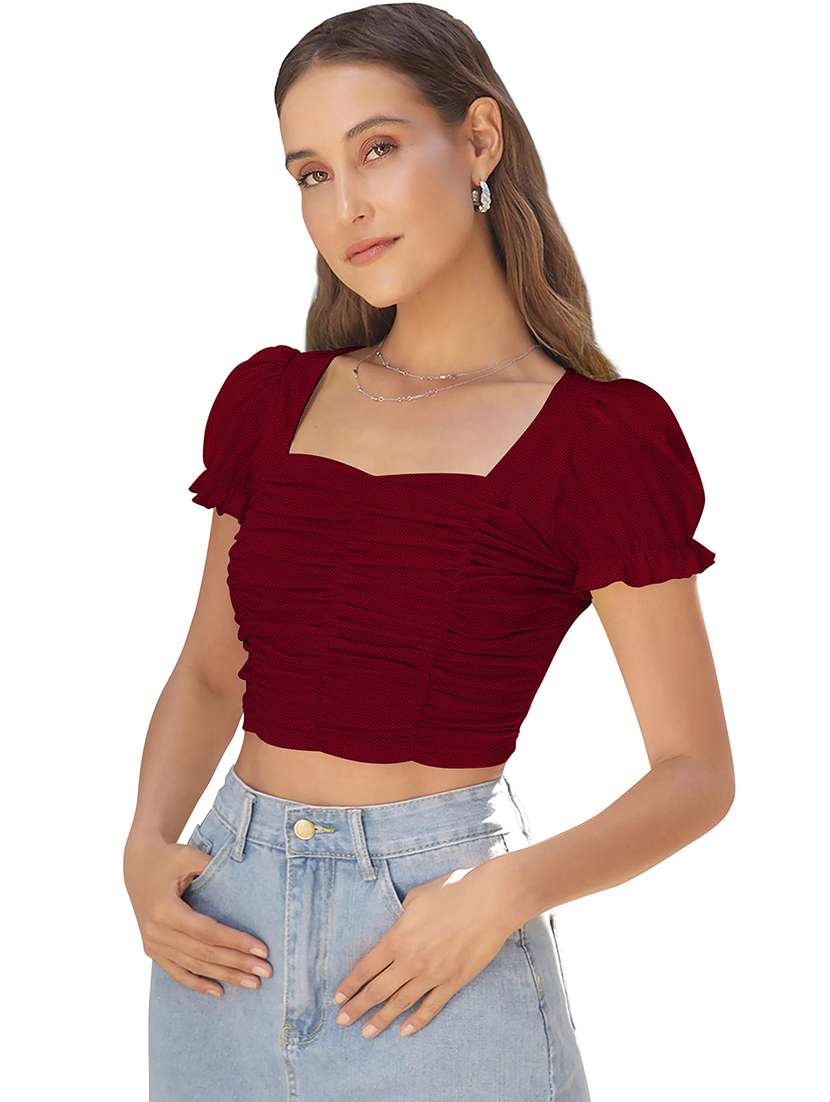 women solid puff sleeve ruched crop top
