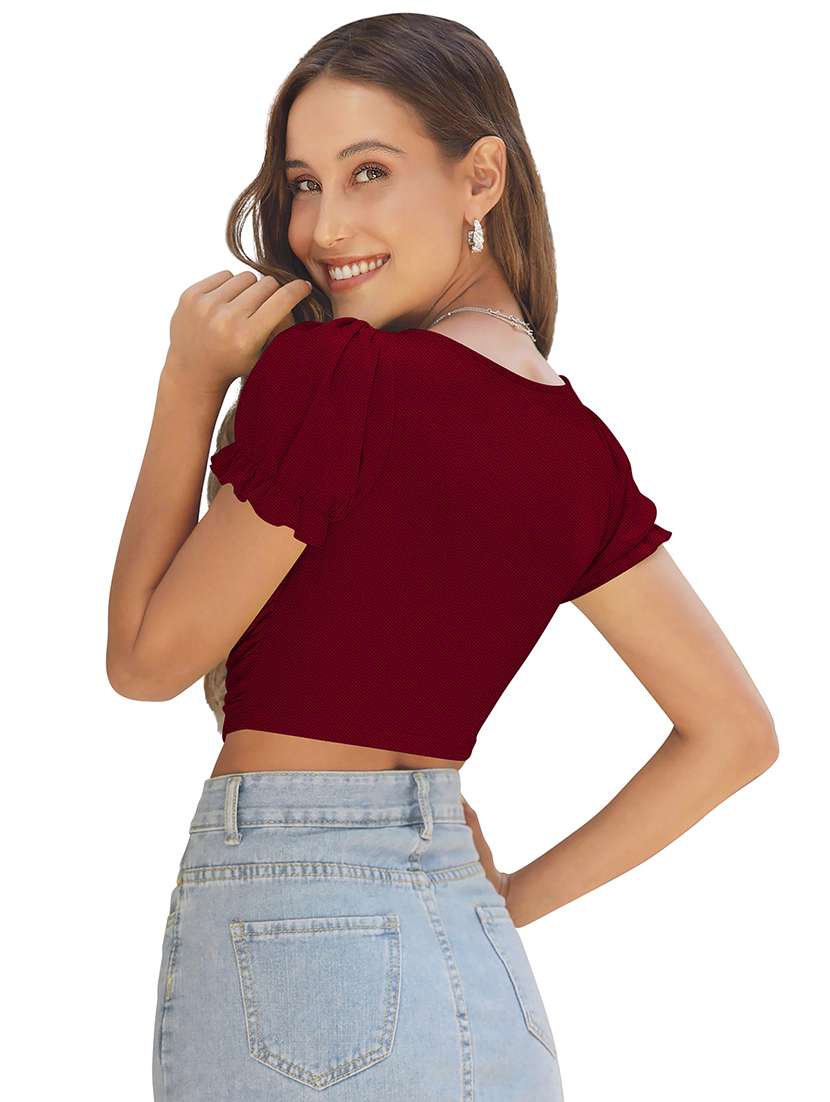 women solid puff sleeve ruched crop top - 22254511 -  Standard Image - 3