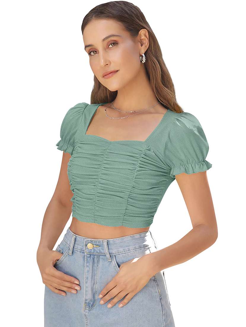 women solid puff sleeve ruched crop top