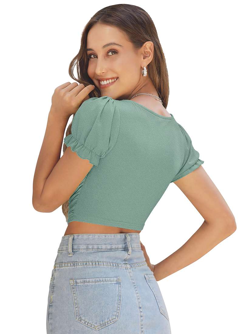 women solid puff sleeve ruched crop top - 22254512 -  Standard Image - 3