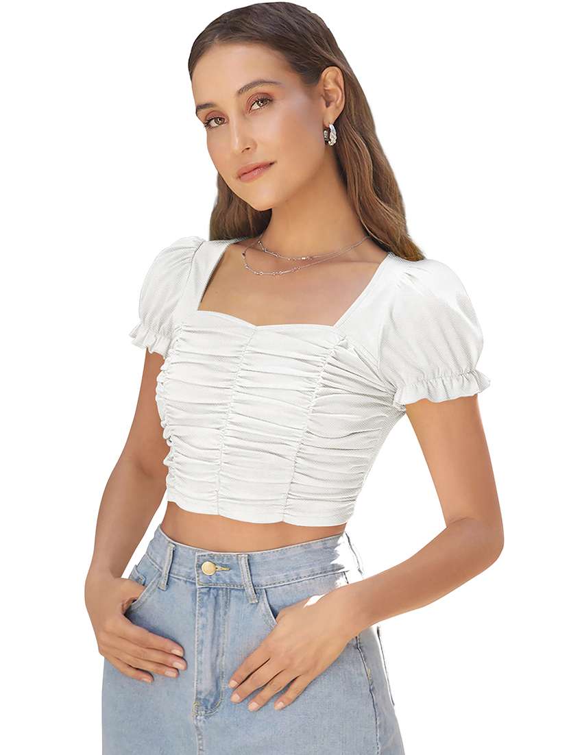 women solid puff sleeve ruched crop top