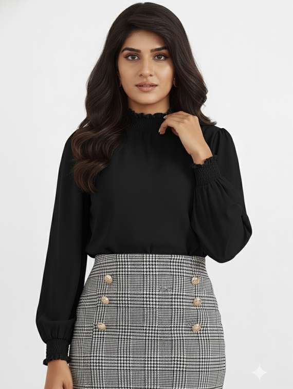 women solid mock neck puff sleeve top