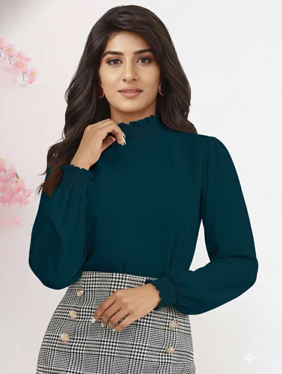 women solid mock neck puff sleeve top