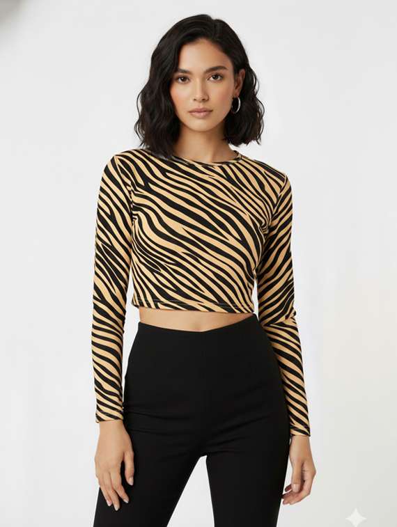 women animal print long sleeve crop top