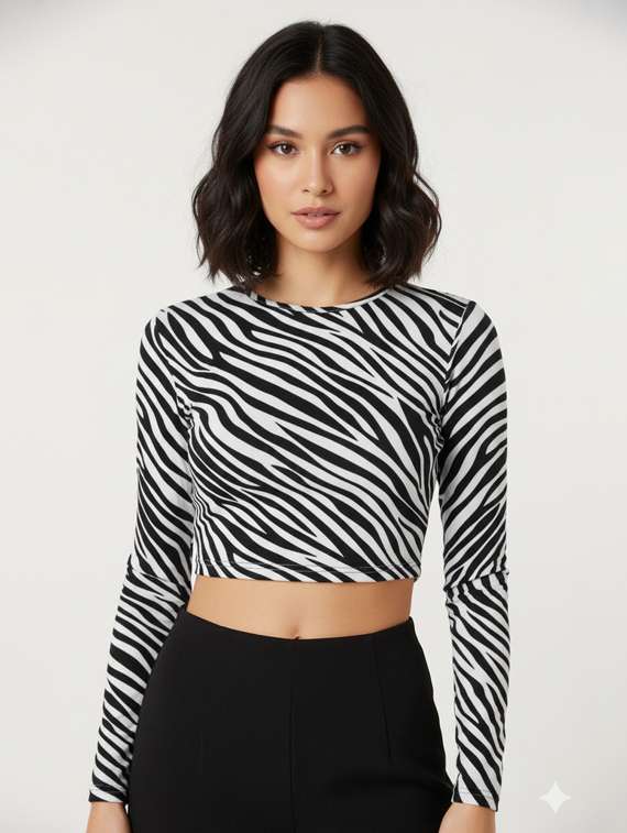 women animal print long sleeve crop top