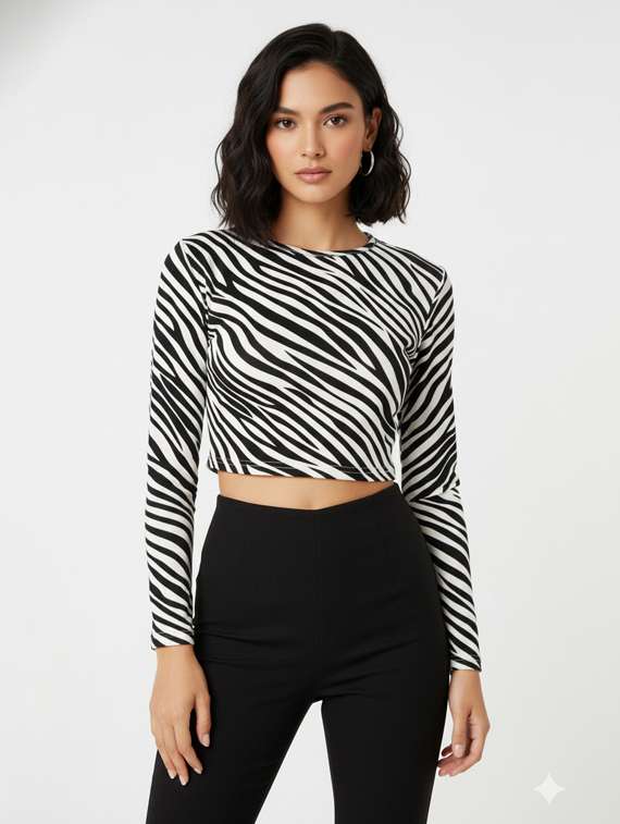 women animal print long sleeve crop top