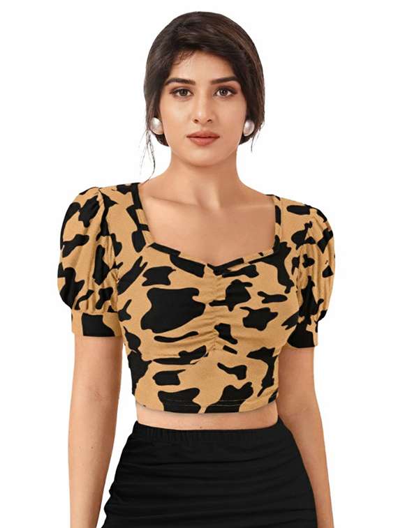 women printed puff sleeve crop top