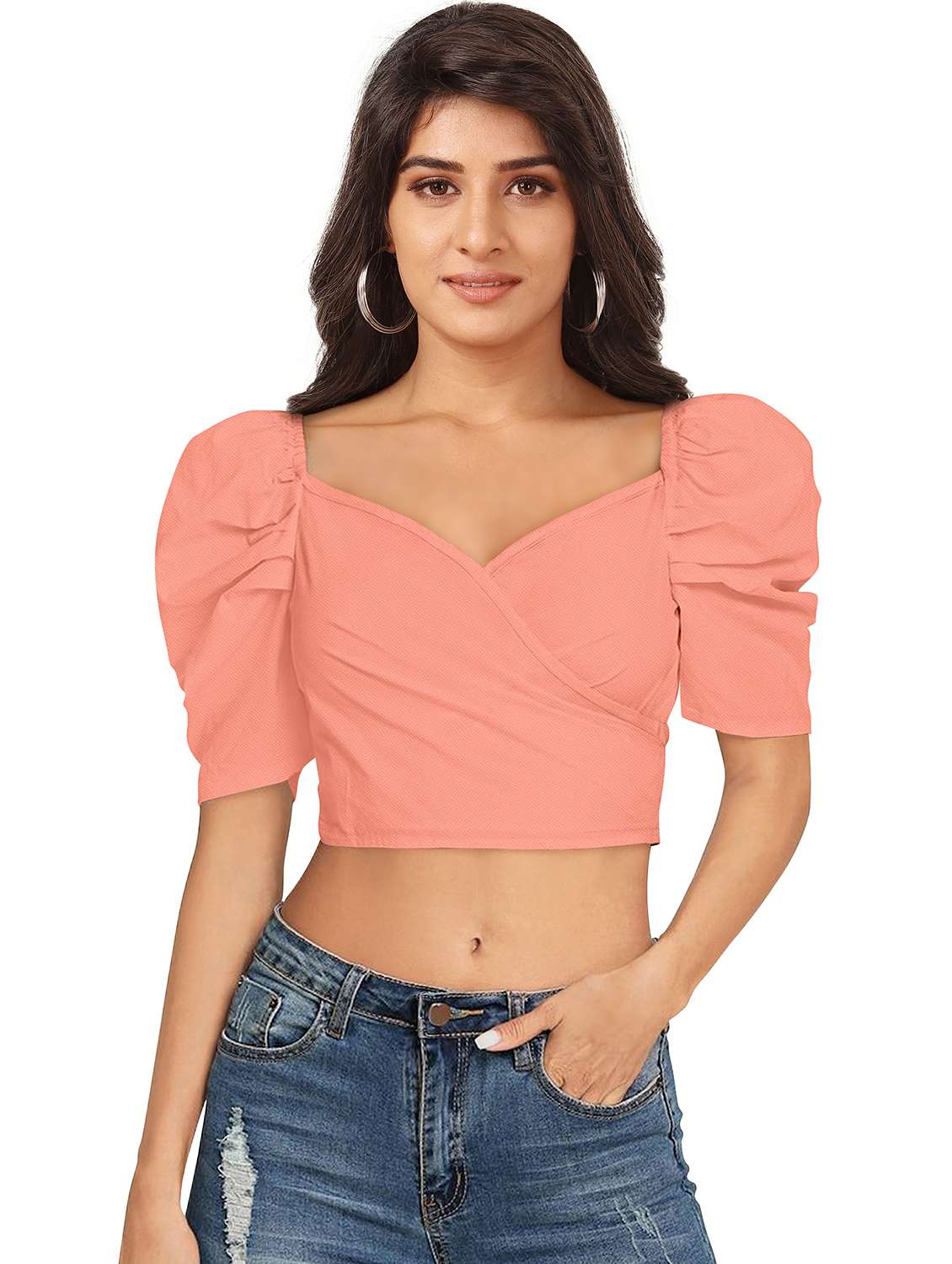 women solid puff sleeve crop top