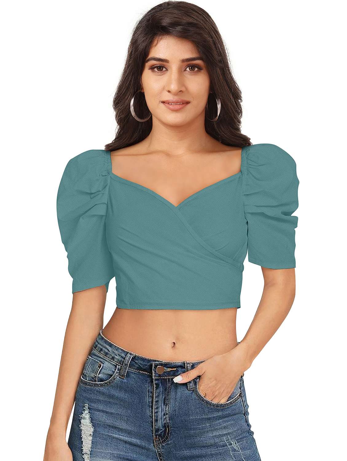 women solid puff sleeve crop top