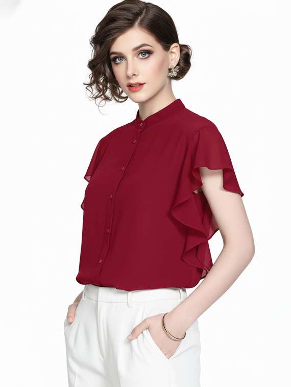 women solid ruffle sleeve regular top