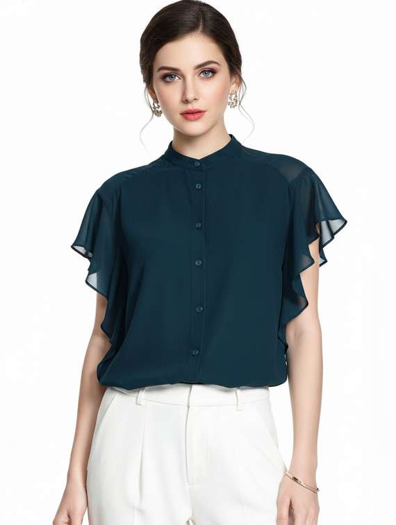 women solid ruffle sleeve regular top