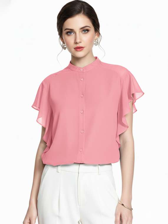 women solid ruffle sleeve regular top